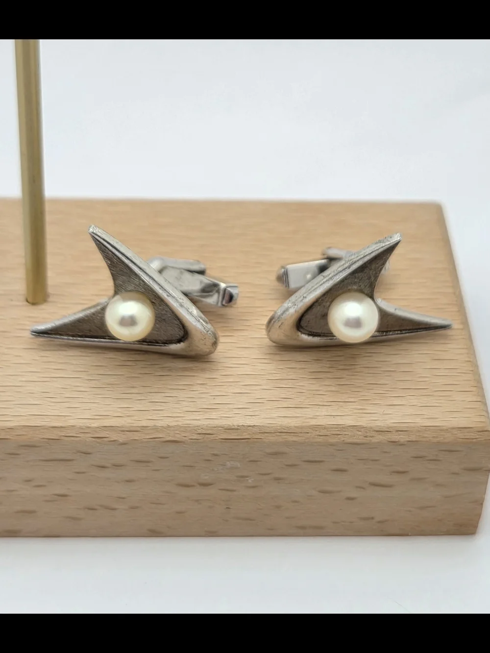 Vintage Sterling Silver Pearl Atomic Age Boomerang Cufflinks MCM